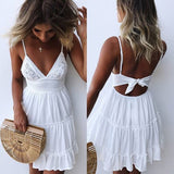 Girls Summer Dress Spaghetti Strap Bow Sexy Women V-neck Sleeveless Beach Backless Lace Patchwork vestidos de verano R092